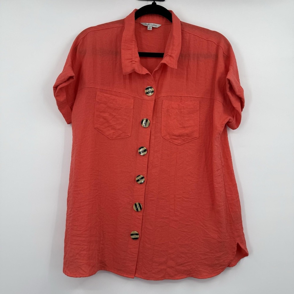 JOHN MARK Tunic Shirt Top Womens S Orange Button-Up Collared Pockets Lightweight